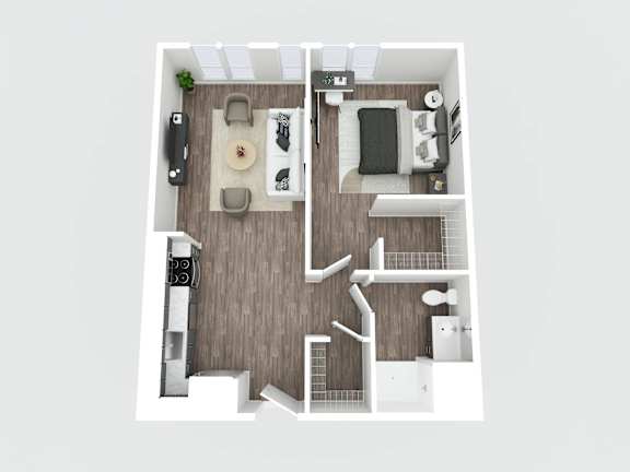 A top down view of a small apartment with a kitchen, living room and bathroom.