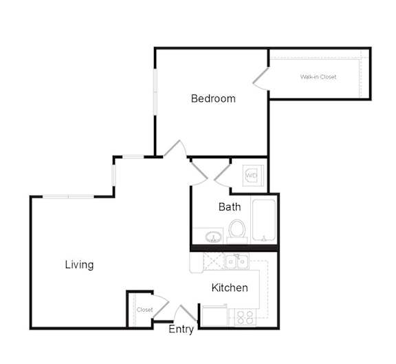 A floor plan of a home with a living room, kitchen, bedroom, bathroom and walk-in closet.