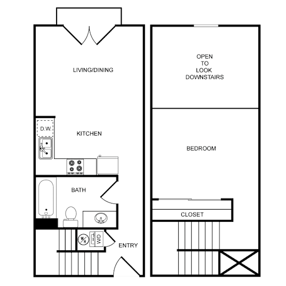 A floor plan of a small apartment with a kitchen, bathroom, living/dining area, and bedroom.