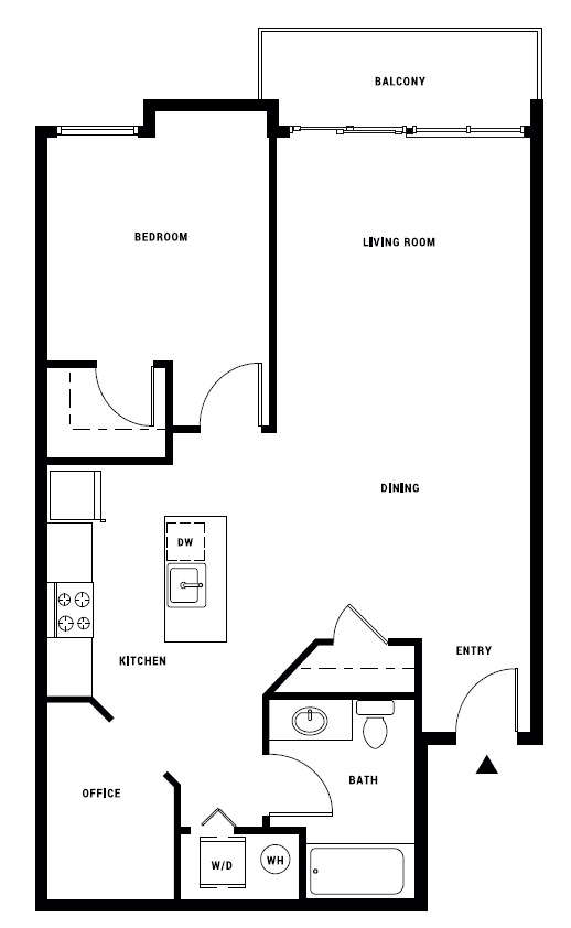 A black and white image of a house floor plan with a balcony, bedroom, living room, dining area, kitchen, bathroom, and office.