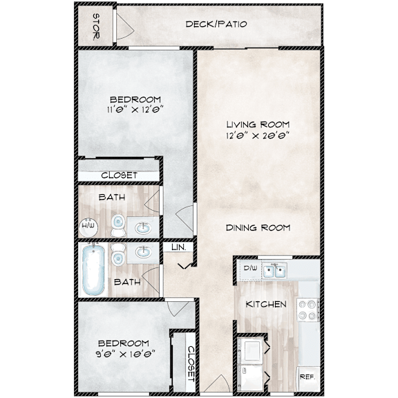 A floor plan of a small apartment with a kitchen, two bathrooms, and two bedrooms.