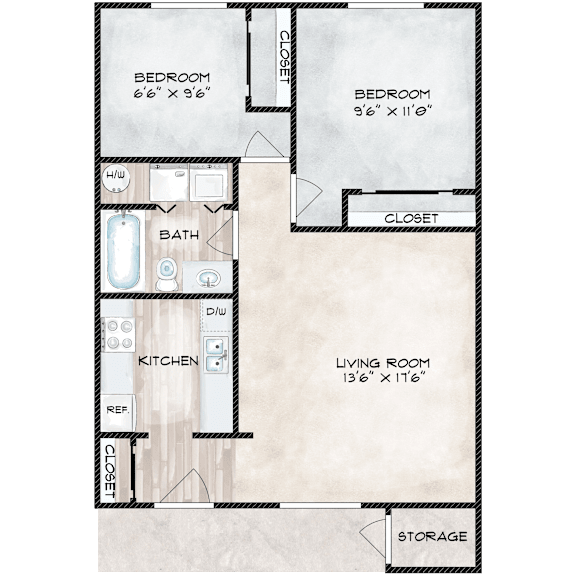 A floor plan of a small apartment with two bedrooms, a living room, a kitchen, a bathroom, a closet, and storage.