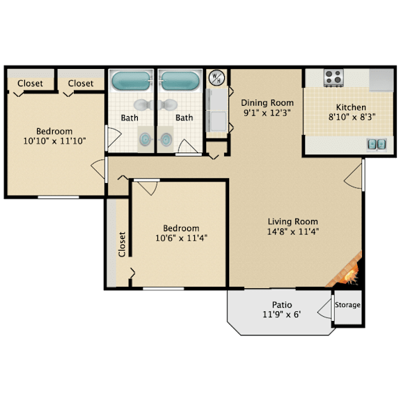 A floor plan of a house with a living room, dining room, kitchen, and three bedrooms.