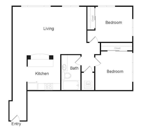 A floor plan of a home with a living room, kitchen, bathroom, and two bedrooms.