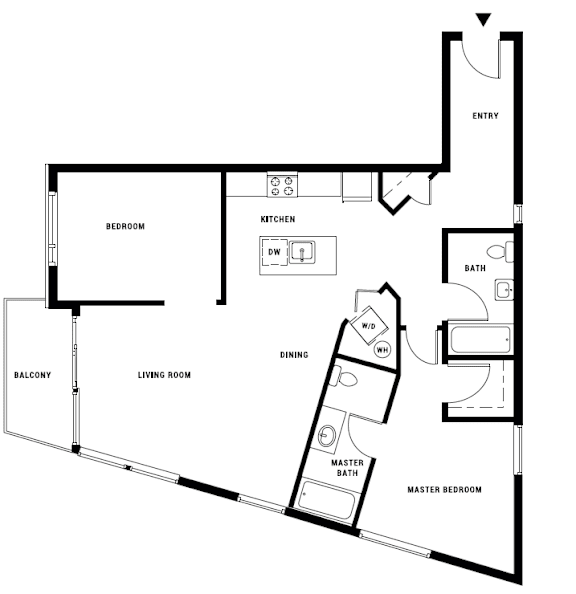 A black and white image of a house floor plan with an entry, kitchen, living room, dining area, two bedrooms, a balcony, and a master bathroom.