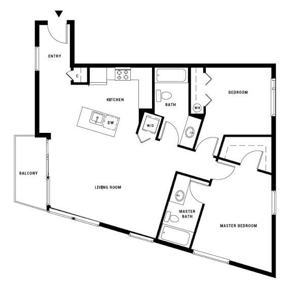 A black and white image of a house floor plan with a balcony, kitchen, living room, two bedrooms, and a bathroom.
