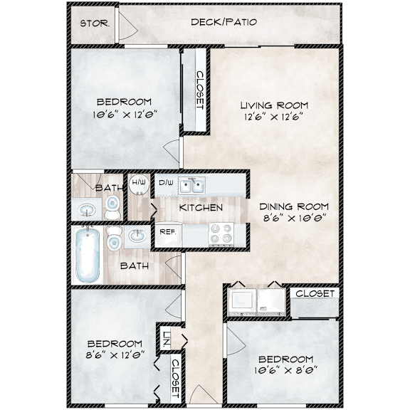 A floor plan of a house with a deck/patio and a bathroom.