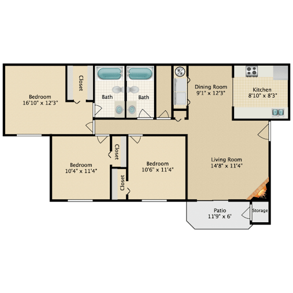 A floor plan of a house with labeled rooms and dimensions.