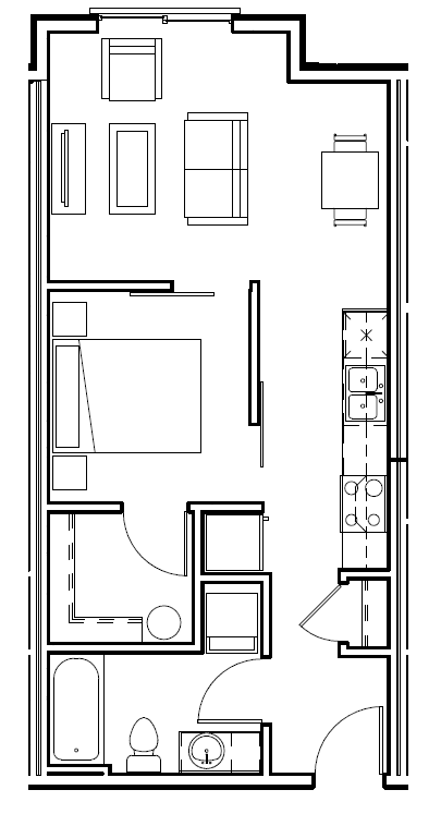 A floor plan of a house with a kitchen, living room, and bedrooms.