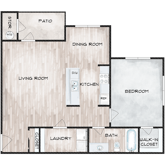 A floor plan of a house with a living room, dining room, kitchen, bedroom, bathroom, laundry, and patio.