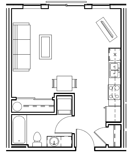 A floor plan of a small apartment with a kitchen, living room, and bathroom.