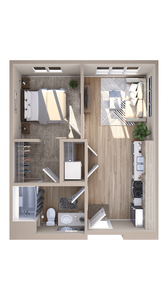 A 3D rendered image of a small apartment layout.