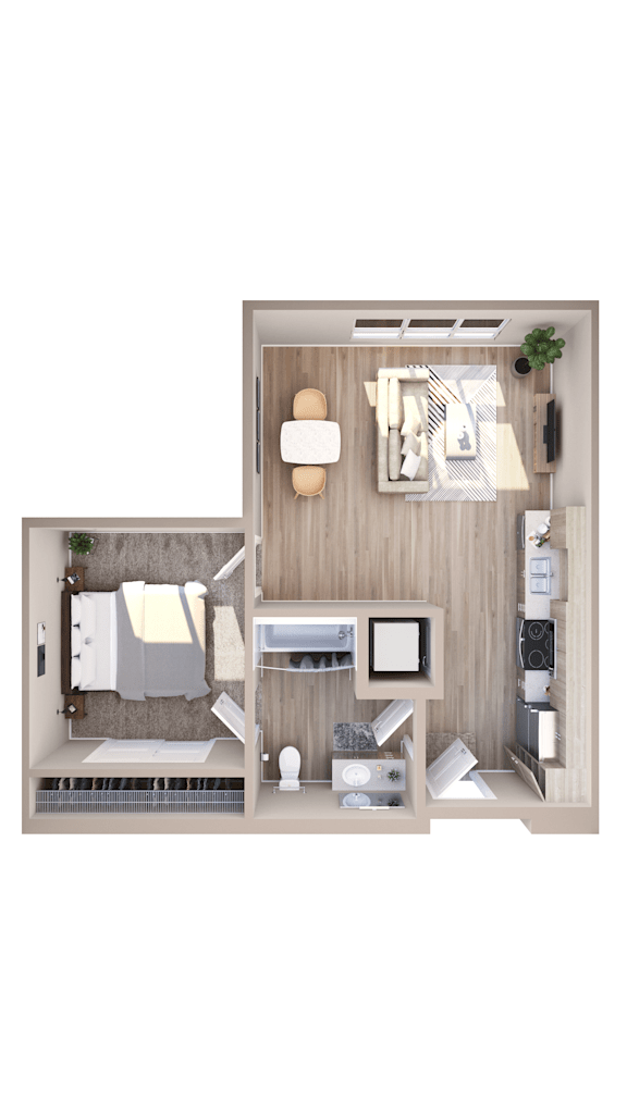 A top-down view of a small, neatly organized apartment with a kitchen, living room, and bathroom.