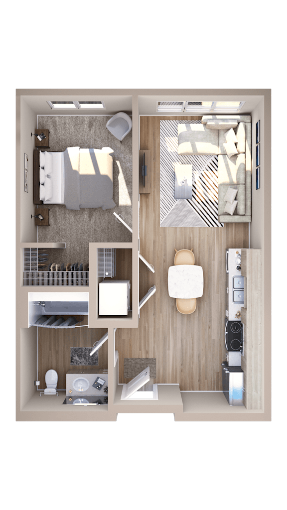 A top-down view of a small apartment with a kitchen, living room, and bedroom.