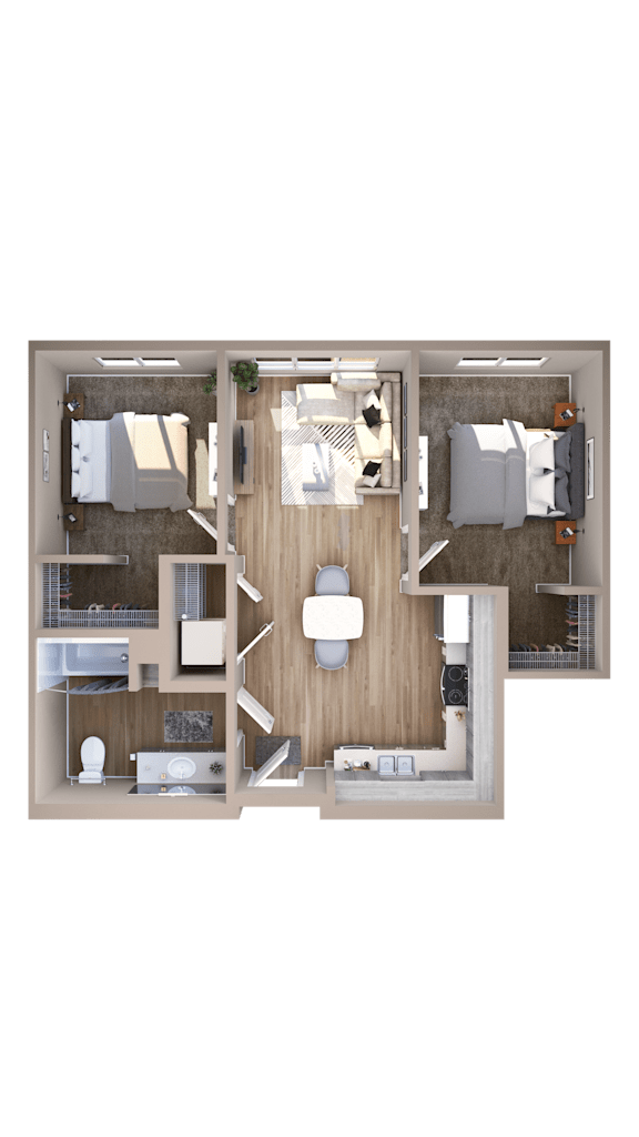 A top-down view of a small apartment with a kitchen, living room, and bedroom.