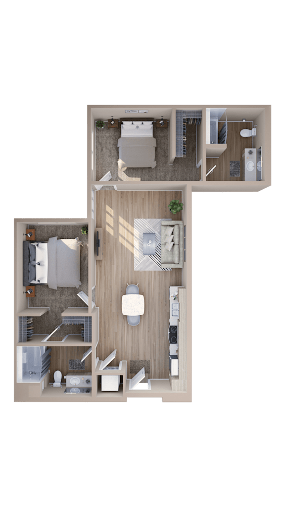 Floor Plan  A top-down view of a small apartment with a kitchen, living room, and bedroom.