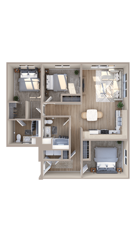 A top-down view of a house layout with a kitchen, living room, and bedrooms.