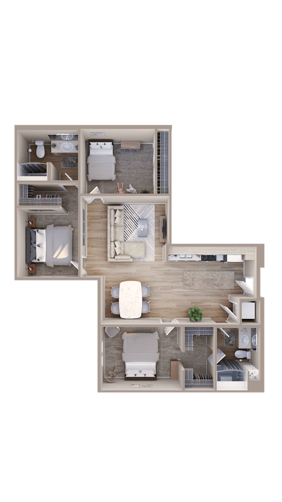 A top-down view of a house layout with a kitchen, living room, and two bedrooms.