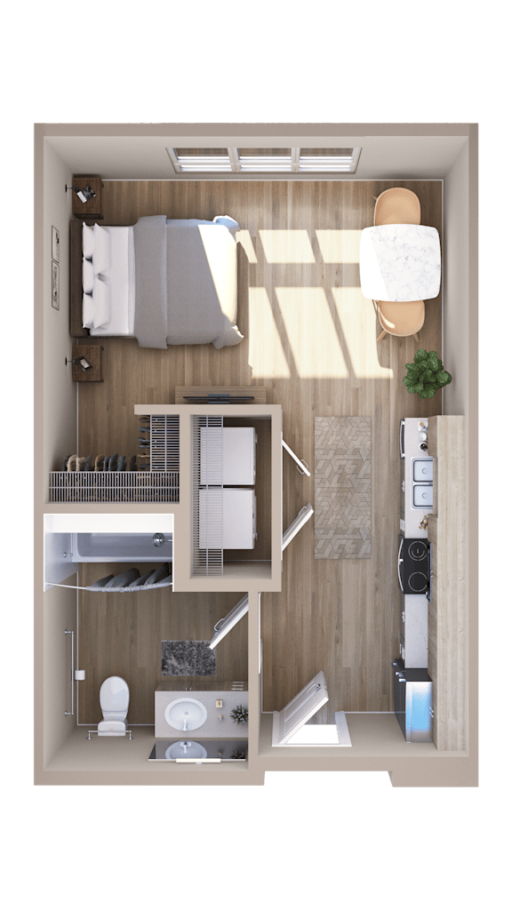 A top-down view of a small, well-organized kitchen and living area.