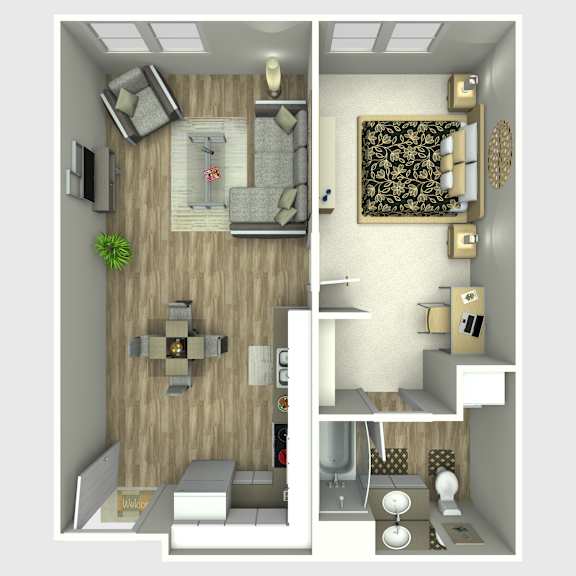 A 3D rendered image of a small apartment with a living room, kitchen, and bathroom.