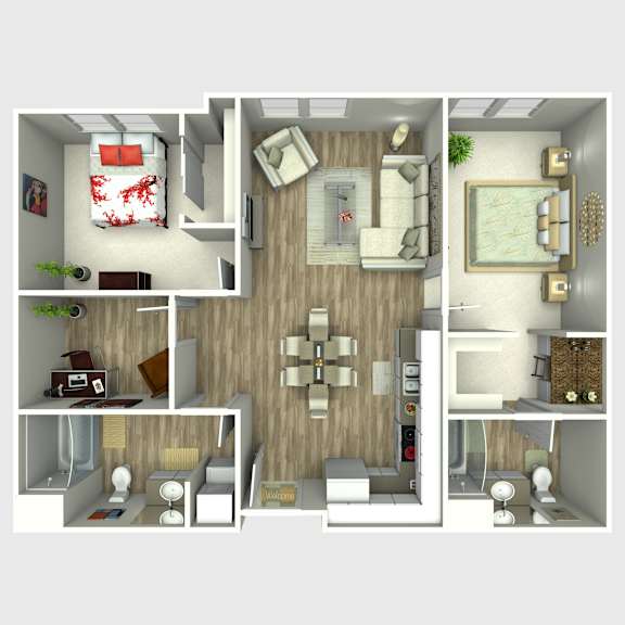 A series of images showing different layouts of a small apartment.