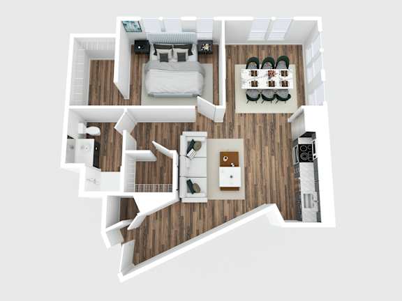 A top-down view of a small apartment with a bed, a desk, a kitchenette, and a living area.