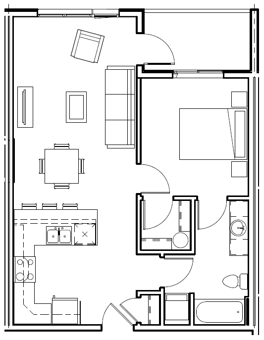 A floor plan of a house with a kitchen, living room, and bathroom.