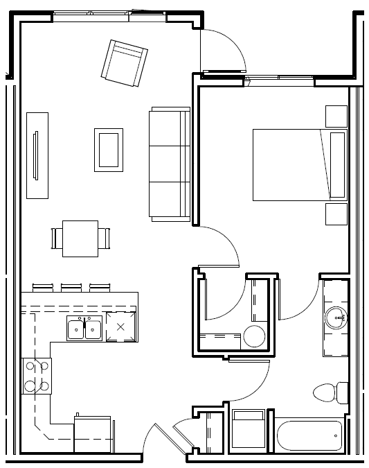 A floor plan of a house with a kitchen, living room, and bathroom.