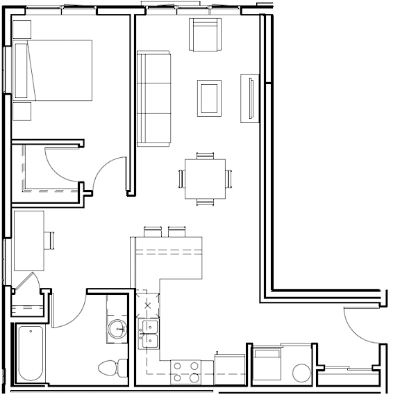 A floor plan of a house with a kitchen, living room, and bathroom.
