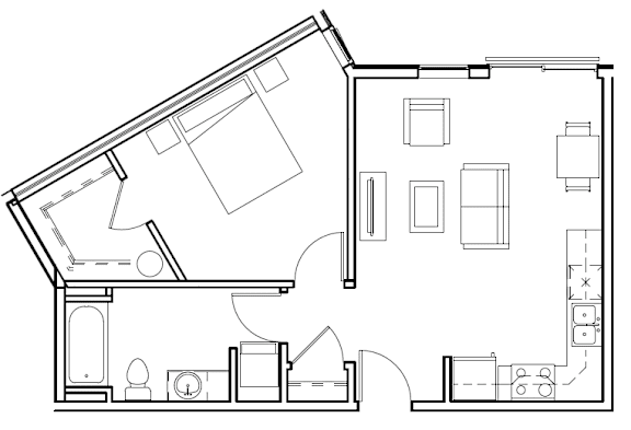 A black and white floor plan of a house with a kitchen, living room, and bedrooms.