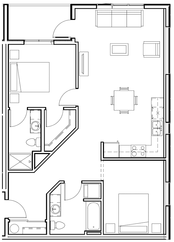 A floor plan of a house with a kitchen, living room, and dining area.