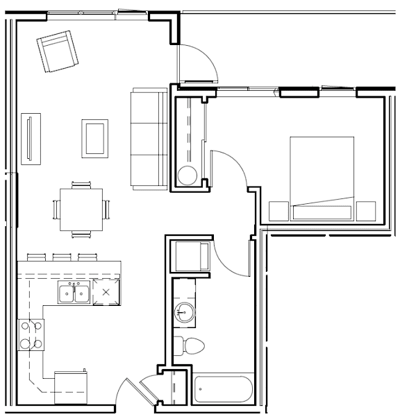 A black and white floor plan of a house with a kitchen, living room, and bathroom.