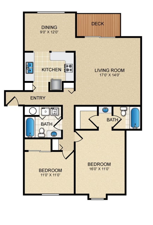 A floor plan of a house with a deck and two bathrooms.