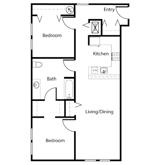 A floor plan of a small apartment with a kitchen, two bedrooms, and a bathroom.