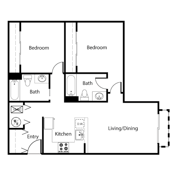 A floor plan of a house with two bedrooms, a bathroom, a kitchen, and a living/dining area.