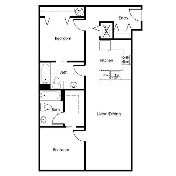 A floor plan of a house with a kitchen, living/dining area, and three bedrooms.