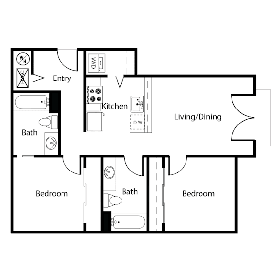 A floor plan of a house with a living room, kitchen, and two bedrooms.