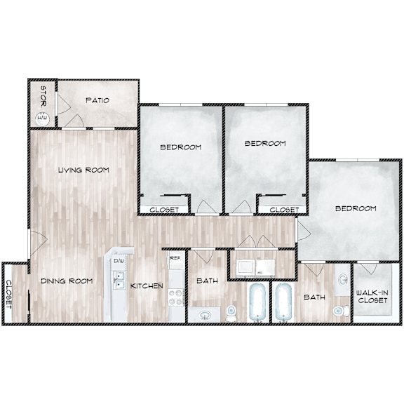 A floor plan of a house with a living room, dining room, kitchen, and multiple bedrooms.