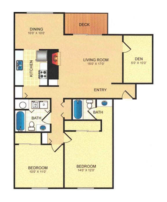A floor plan of an apartment with two bedrooms, a living room, a kitchen, a bathroom, a dining area, and a deck.
