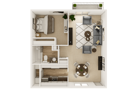 A top-down view of a small apartment with a kitchen, living room, and bedroom.