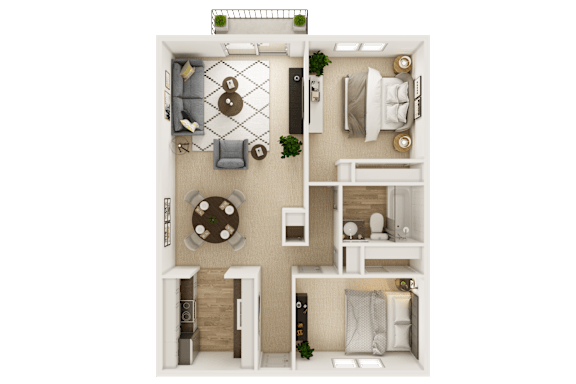 A top-down view of a small apartment with a living room, kitchen, and bathroom.