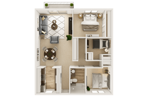 A top-down view of a house layout with a living room, dining area, kitchen, and bedrooms.