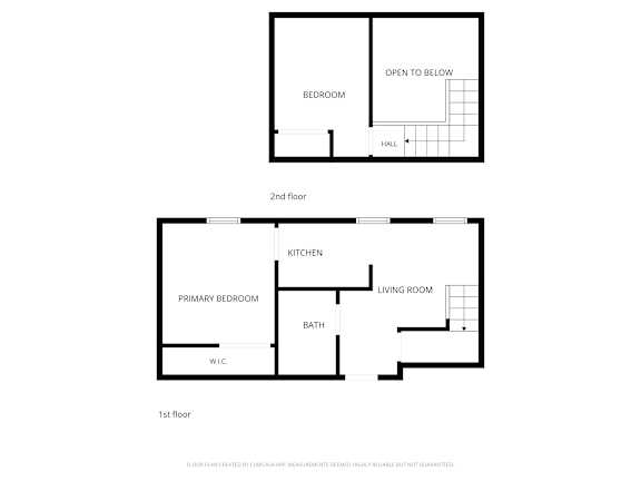A floor plan of a two-story home with a bedroom on the first floor and a living room, kitchen, and bath on the second floor.