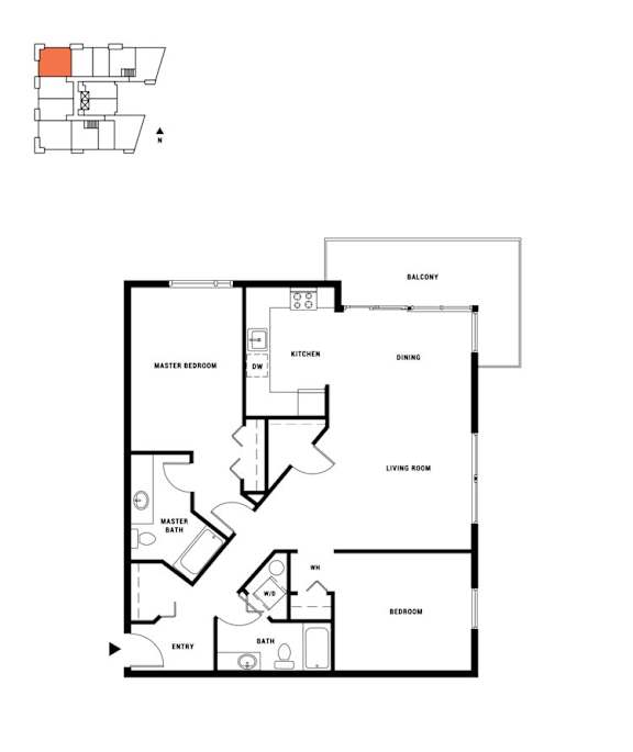 A floor plan of a house with a master bedroom, living room, kitchen, dining room, and bathroom.