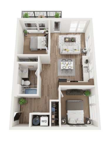 A 3D floor plan of a small apartment with a kitchen, living room, and bedroom.