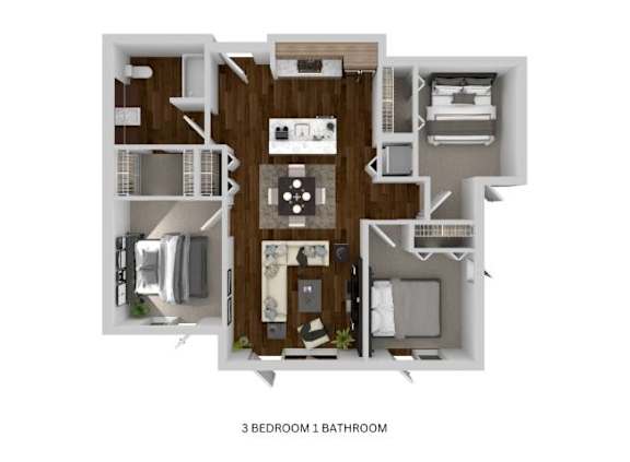A 3 bedroom apartment layout with a bathroom.
