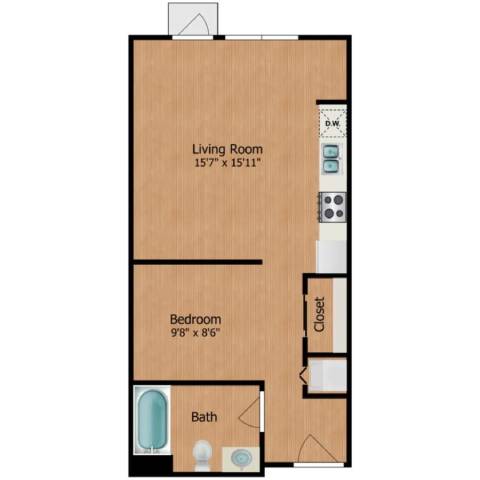A floor plan of a small apartment with a living room, bedroom, and bathroom.
