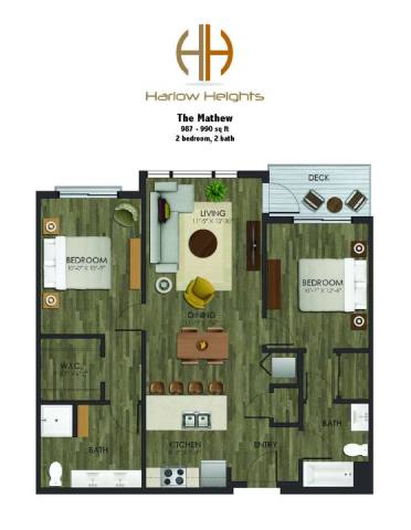 A floor plan of a two bedroom, two bathroom apartment.