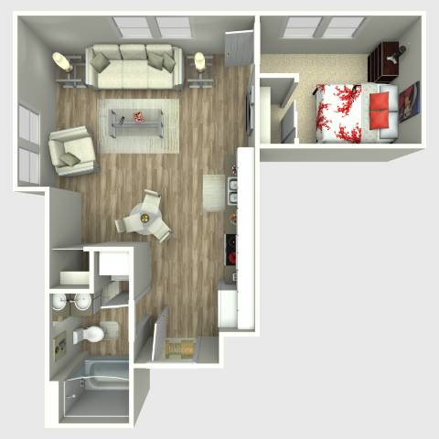 A 3D rendered image of a small apartment layout.