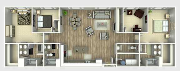 A 3D floor plan of a house showing the layout of the rooms.